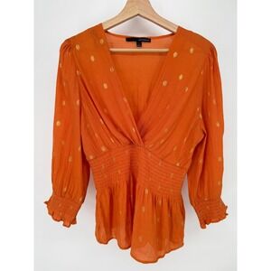 Harve Benard Peplum Blouse Womens Large Orange Gold Metallic Polka Dot READ